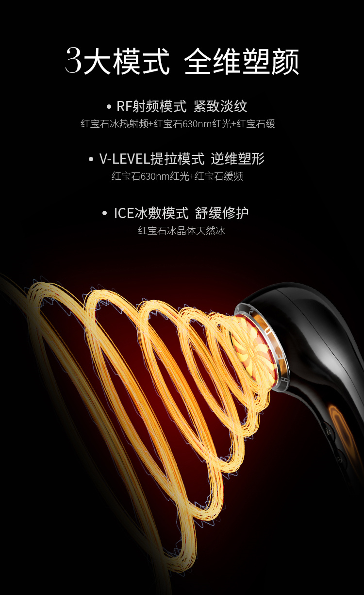 3大模式全維塑顏，RF射頻模式-緊致淡紋、V-LEVEL提拉模式-逆維度塑形、ICE冰敷模式-舒緩修護
